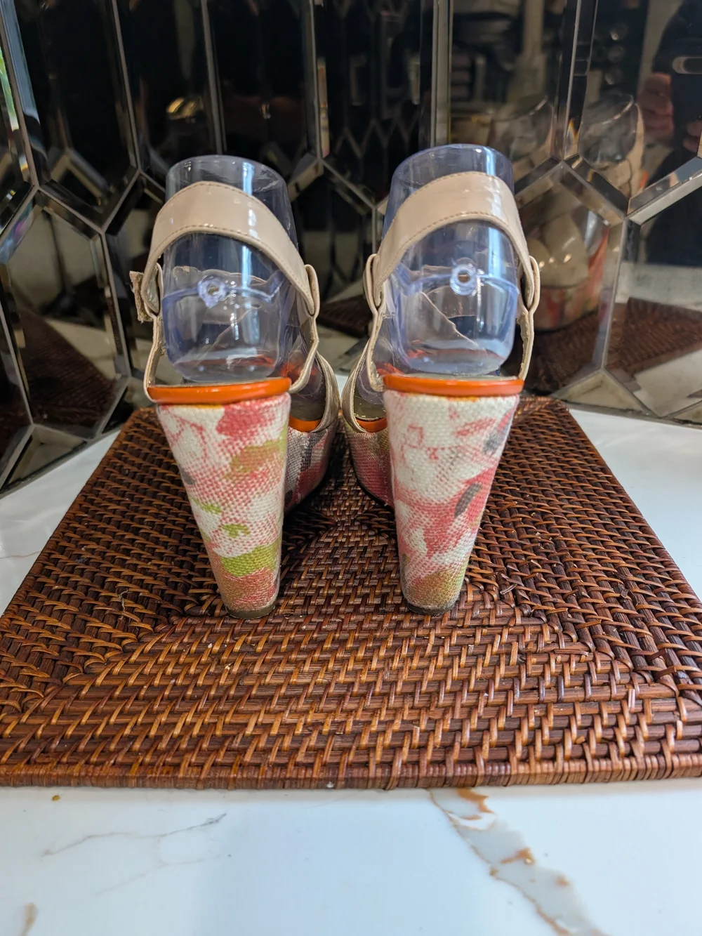 GUESS Beige Patent Leather Floral Canvas Wedge Sandals with Orange Insole